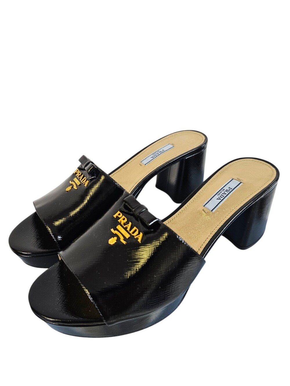 Prada Saffiano Logo Bow Patient Leather Platform Slide Heels Open Toe